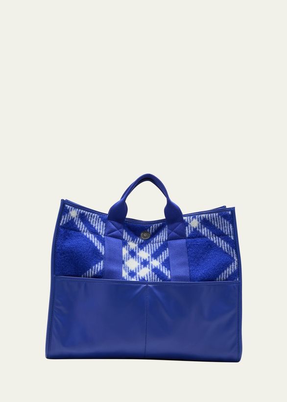 Men's Check Wool and Leather Shopper Tote Bag