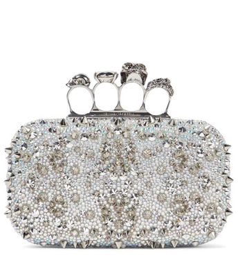 Four-ring Crystal-embellished Metal Clutch Bag In White