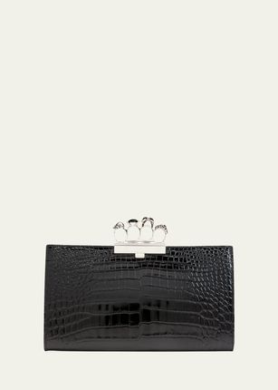 Shiny Croc-Embossed Flat Knuckle Clutch Bag