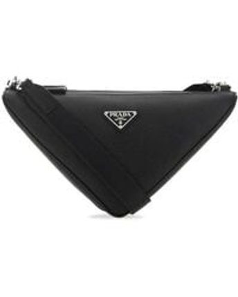 Men's Black Leather Triangle Double Crossbody Bag