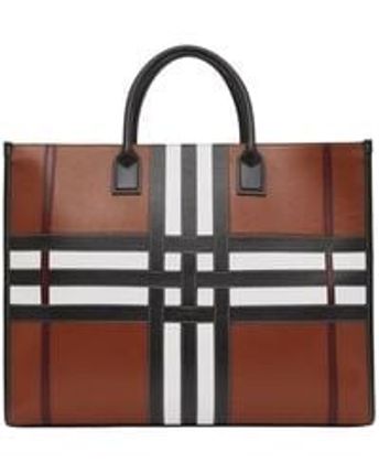 Men's Brown Exaggerated Check-panelled Tote Bag