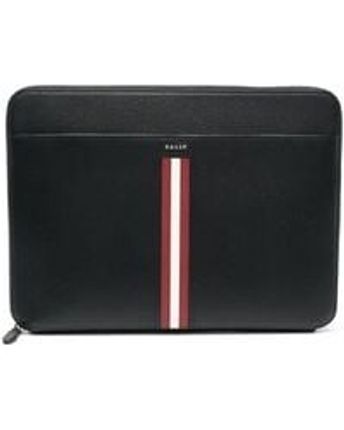 Women's Black Pebbled-leather Stripe Laptop Bag