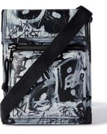 Men's Black Explorer Graffiti-print Textured-leather Messenger Bag