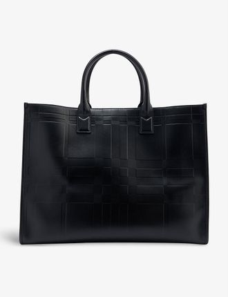 Check-embossed leather tote bag