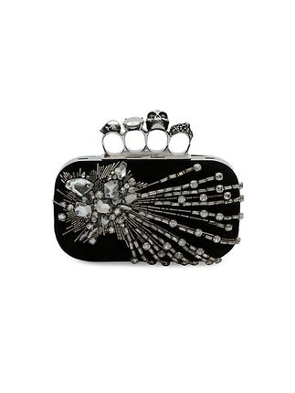Skull Four-Ring Crystal-Embellished Suede Box Clutch