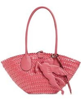 Women's Pink Pegaso Straw Effect & Leather Tote Bag