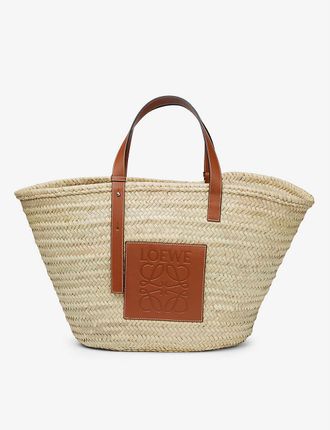 Logo-embossed large palm leaf and leather basket bag