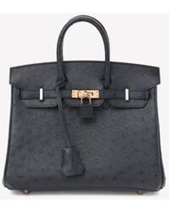 Women's Blue Birkin 25 Top Handle Bag In Bleu Indigo Ostrich With Rose Gold Hardware