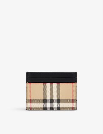 Sandon check-print cotton and leather card holder