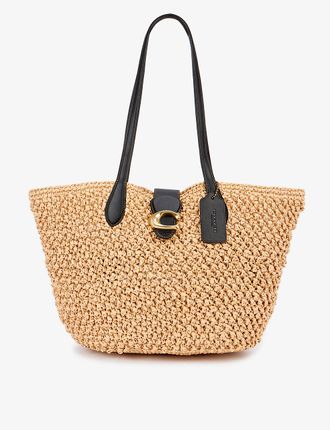 Popcorn-textured straw and leather tote bag