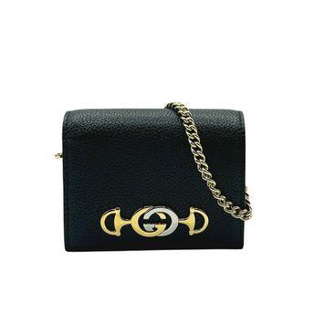 Zumi Women's Black Leather Gold Chain Bi-Fold Mini Wallet GG Logo 570660 1000