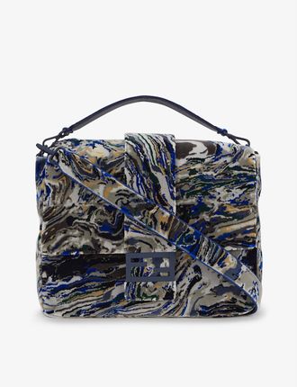 Abstract-pattern brand-plaque velvet messenger bag