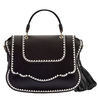 Audrey Satchel: Black Designer Handbag with White Stitching & Gold Hardware