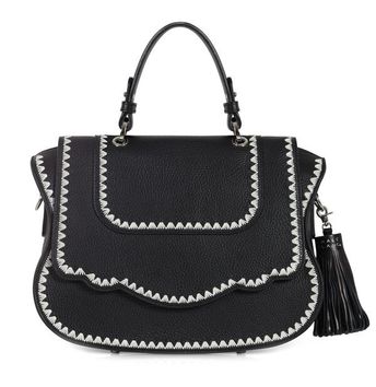 Audrey Satchel: Black Designer Handbag with White Stitching