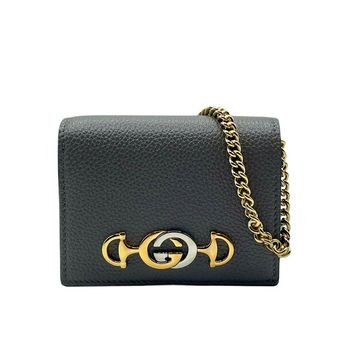 Zumi Women's Grey Leather Gold Chain Bi-Fold Mini Wallet GG Logo 570660 1275