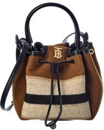 Women's Brown Monogram Motif Striped Wool & Leather Bucket Bag