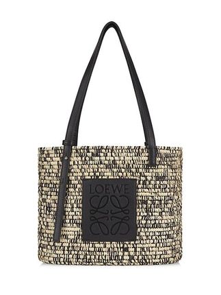 Leather-Trimmed Raffia Basket Bag