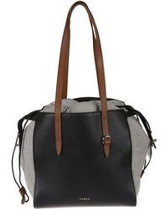 Women's Black Grained Leather Drawstring Tote