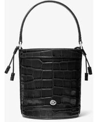 Women's Black Audrey Medium Crocodile Embossed Leather Bucket Bag