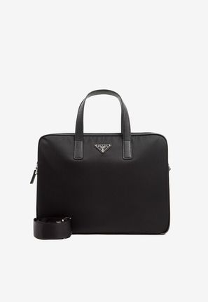 Re-Nylon and Saffiano Leather Briefcase with Logo