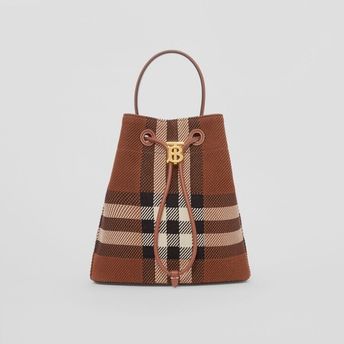 Knitted Check and Leather Small TB Bucket Bag