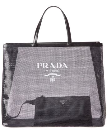 Logo Sequined Mesh & Leather Tote