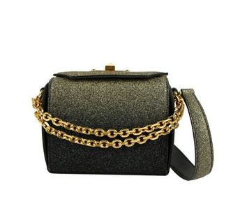 Women's Gold Black Glitter Leather Box 16 Chain Crossbody Bag 479767 1070