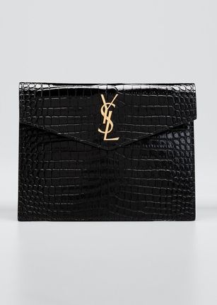 YSL Croc-Embossed Pouch Clutch Bag