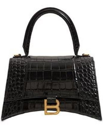 Women's Black Hourglass Croc Embossed Leather Bag