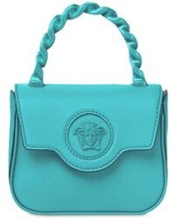 Women's Blue Medusa Grained Leather Top Handle Bag