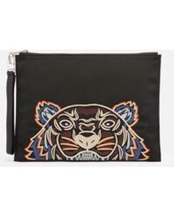 Women's Black Large Kampus Embroidered Tiger Canvas Clutch