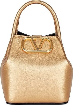 Mini V Logo Signature Bucket Bag in Metallic Gold