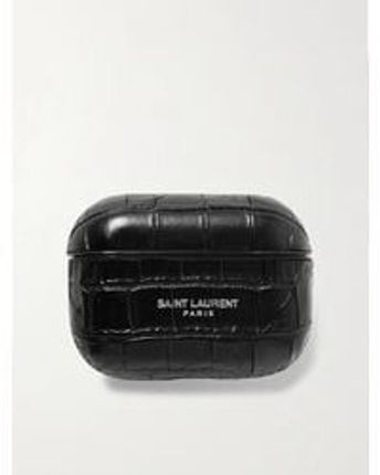 Men's Black Logo-print Croc-effect Leather Airpods Pro Case