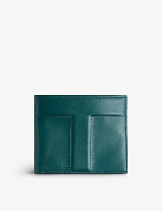 Hood T-embroidered leather bifold wallet