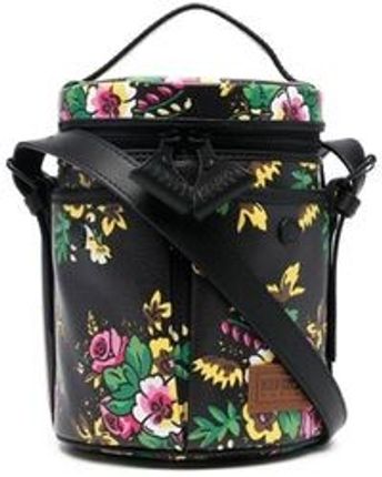 Women's Black Floral-print Leather Bucket Bag