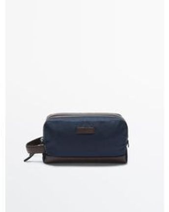 Men's Blue Nylon Toiletry Bag With Leather Details