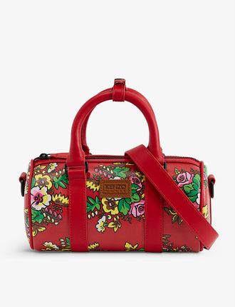 Floral-print faux-leather holdall