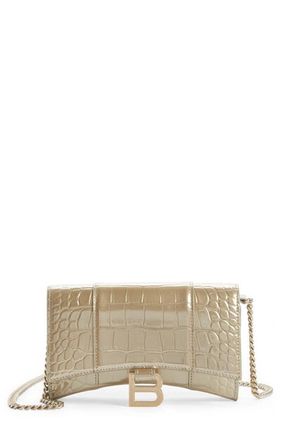 Hourglass Croc Embossed Leather Wallet On A Chain In 8006 Light Gold
