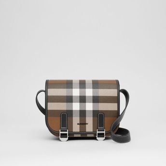 Check Print And Leather Messenger Bag In Dark Birch Brown