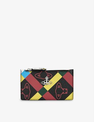 Graphic-print brand-plaque faux-leather card holder