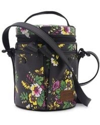 Women's Black Floral-printed Zipped Bucket Bag