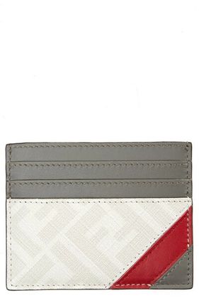 Ff Diagonal Leather Card Case In White/ Red/ Grey