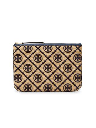 T Monogram Embellished Straw Pouch In Brown