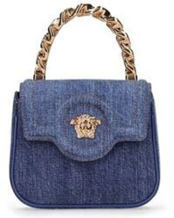 Women's Blue Medusa Denim & Leather Top Handle Bag